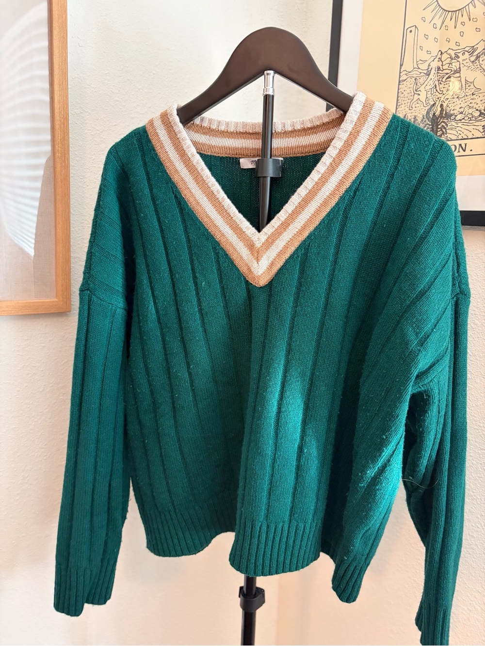 Madewell Wool-blend V-Neck Ribbed Collegiate Sweater with Contrast Trim